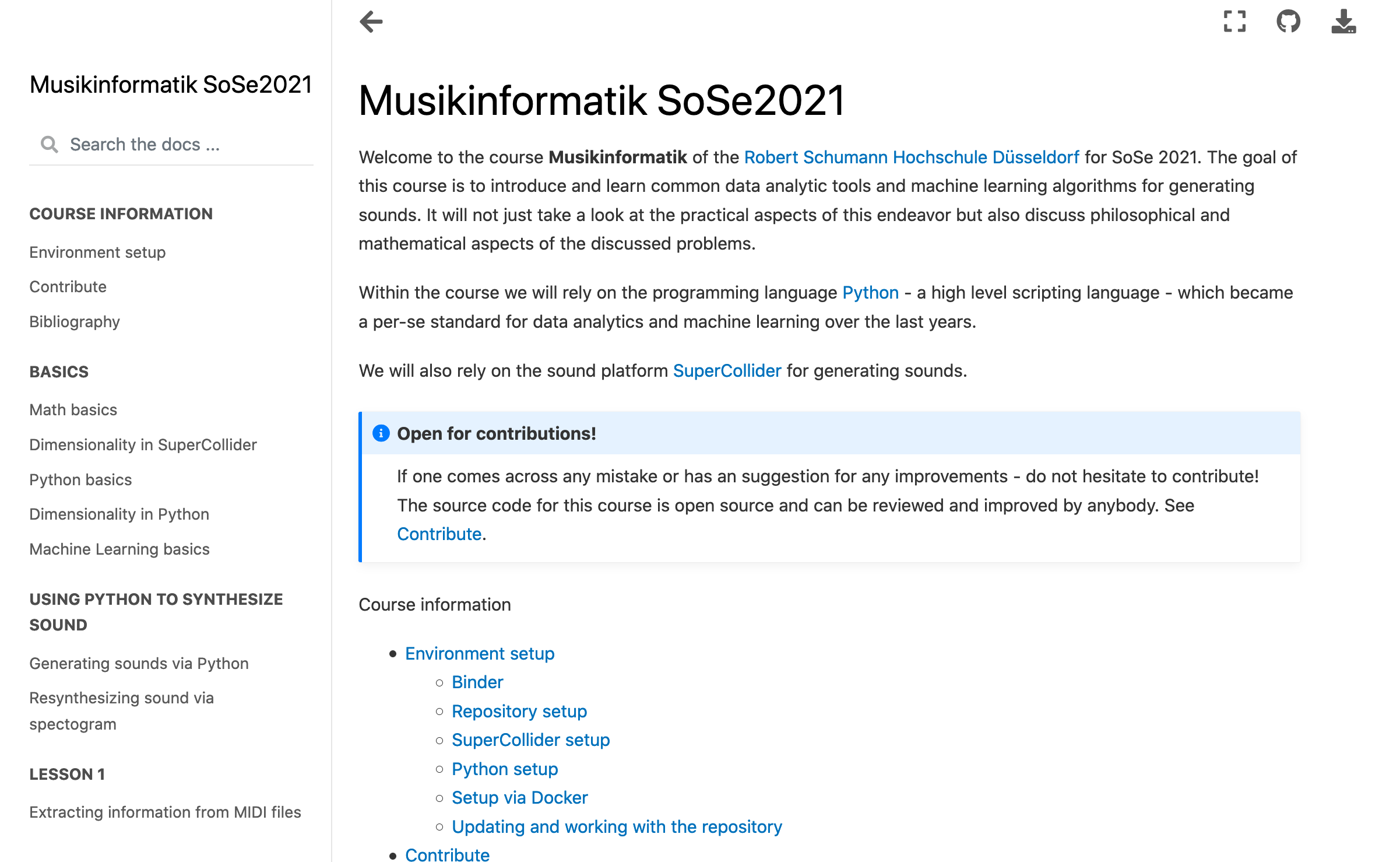Screenshot of course website